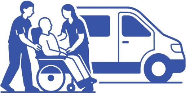 Two caregivers assisting a wheelchair user near a van.