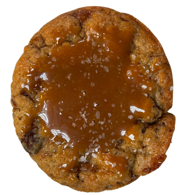 Cookie topped with caramel and sea salt.
