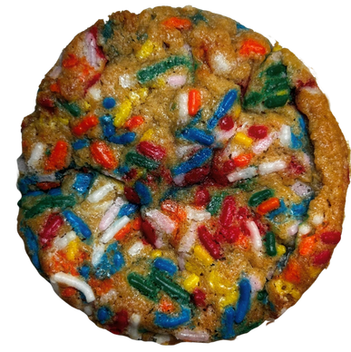 Colorful sprinkle cookie with bite taken out.