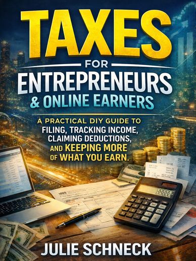 Book cover about taxes for entrepreneurs and online earners with financial tools on desk.