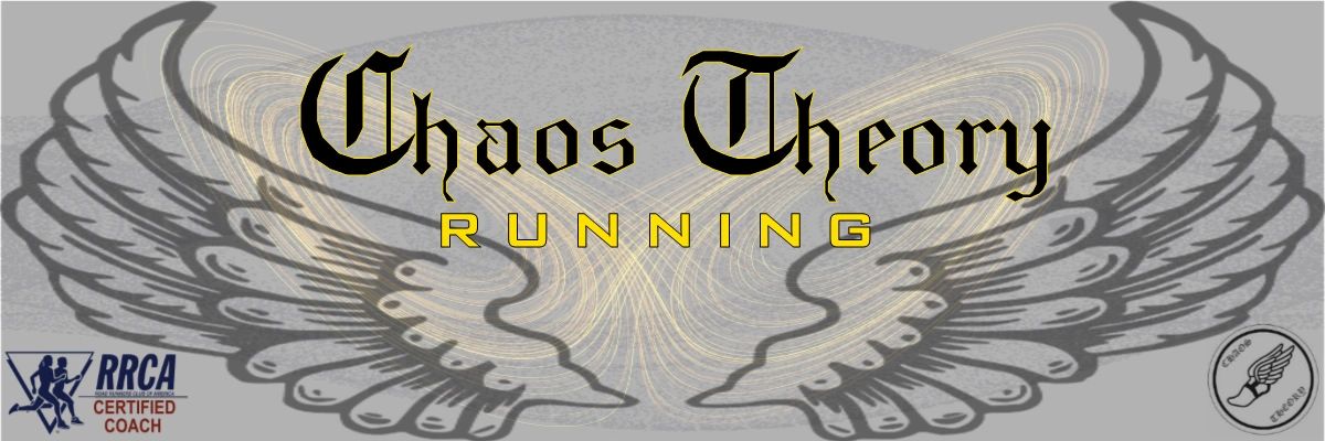 Chaos Theory Running double wing eagle eye logo with RRCA Certified Coach badge in lower left corner