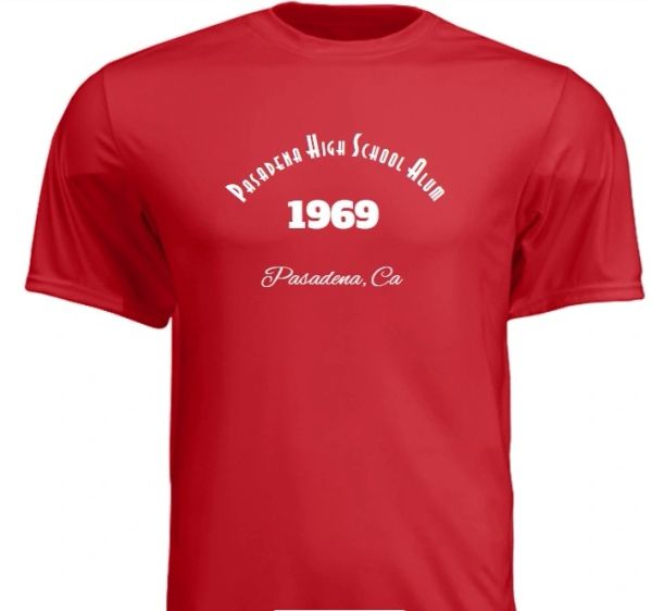 Red t-shirt with 'Pasadena High School Alum 1969' printed in white.