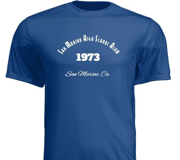 Blue T-shirt with 'San Marino High School Alum 1973' text.