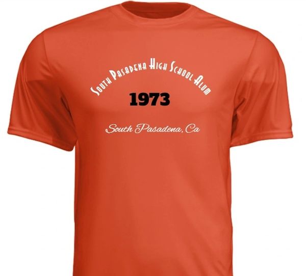 Orange T-shirt with South Pasadena High School Alum 1973 text.