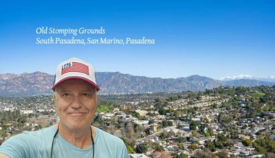 Man in a patriotic hat overlooking the Old Stomping Grounds in South Pasadena, San Marino, Pasadena.