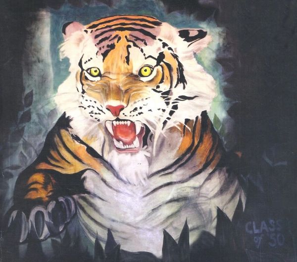 A fierce tiger mural with glowing yellow eyes and sharp claws.