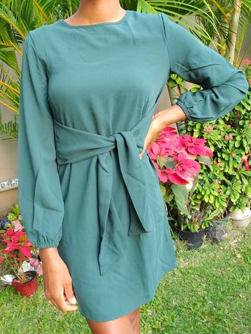 Tie Front Mini Dress Balloon Sleeve Belted Office Chiffon Party Wrap Dress