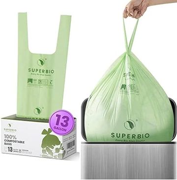 SUPERBIO 13 Gallon Compostable Handle Tie Tall Kitchen Garbage Bags, Heavy Duty Food Scrap Trash Bag