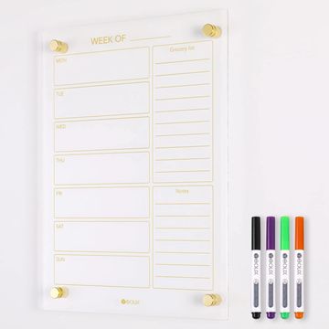 Clear Glass Weekly Dry Erase Calendar & Menu Non-Magnetic Whiteboard for Wall, Meal Plan & Grocery L