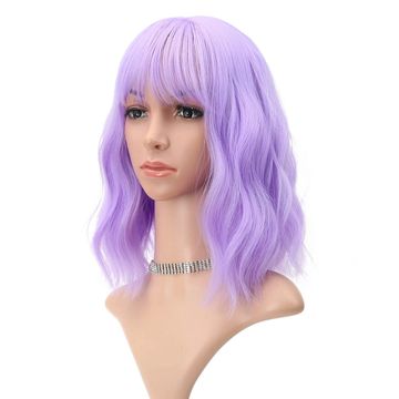 FAELBATY Wavy Wig Short Purple Wigs With Air Bangs Shoulder Length Wig For Women Curly Wavy Syntheti