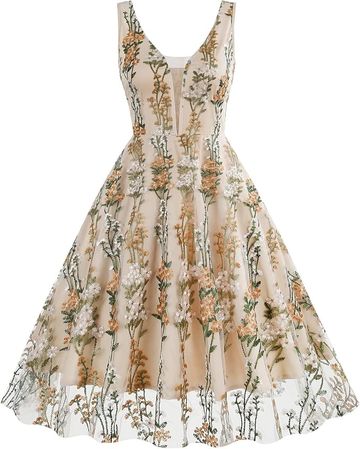 Women Keyhole Floral Embroidery Dress Sheer Mesh Illusion Vintage Cocktail Swing Dress Wedding Party