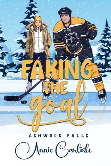 Book cover of "Faking the Goal" featuring a female skater and a male hockey player on ice.