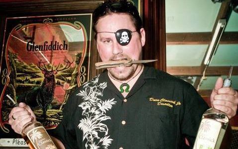 Head Distiller for Essential Spirits Alambic Distilleries, Dave Jr, dressed like a pirate