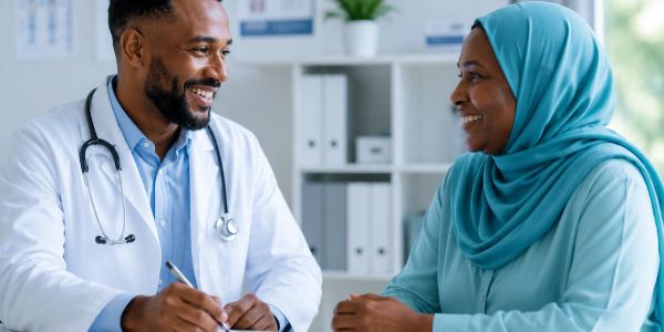 Doctor consulting and smiling with a female patient in a hijab.