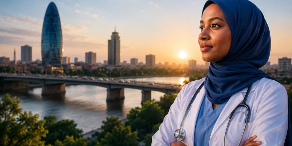 Confident female doctor in hijab overlooking city sunset with stethoscope.