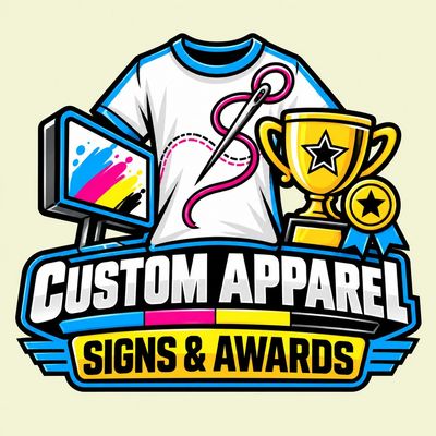 Custom Apparel Signs & Awards logo featuring custom apparel, signs, trophies and awards.
