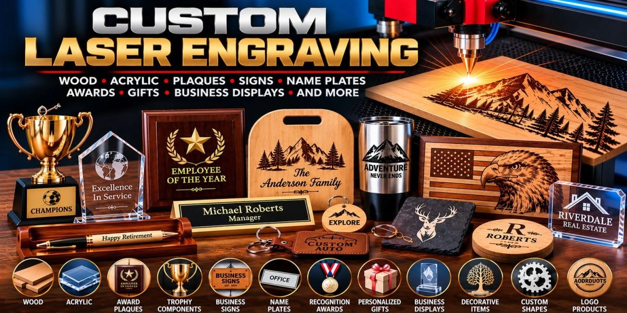 Custom laser engraving services for awards, signs, and gifts.