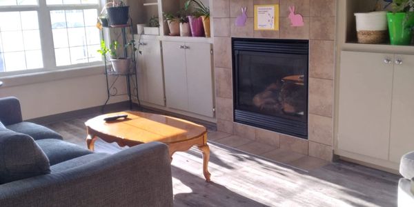 Sunlit cozy living room with gray couch, fireplace, TV, and colorful decorations.
