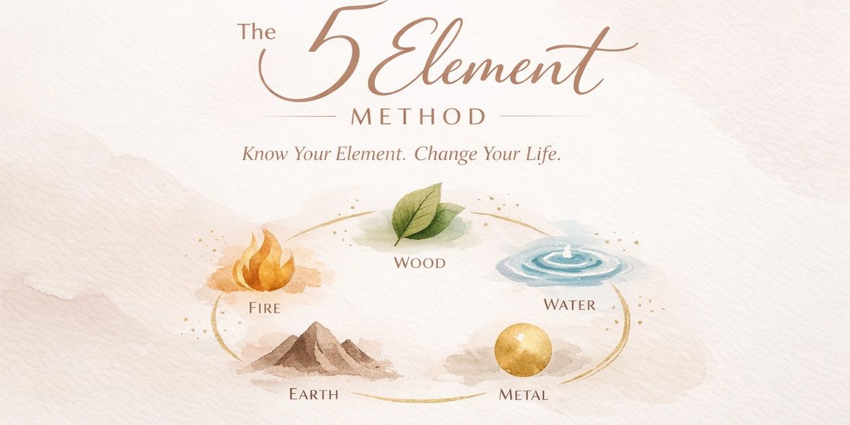 Illustration of the 5 Element Method with fire, wood, water, earth, and metal.