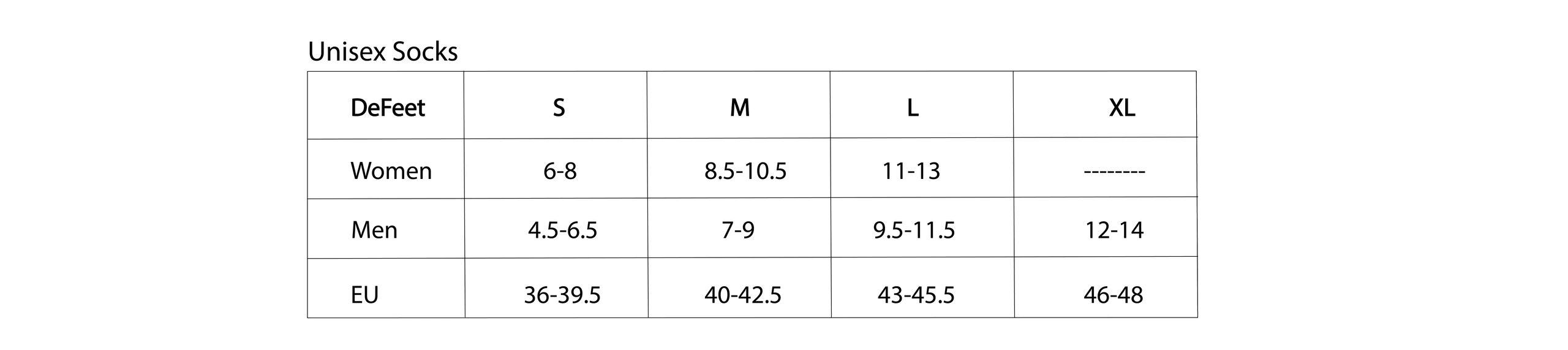 Unisex DeFeet sock size chart for Women, Men, and EU sizes from S to XL.