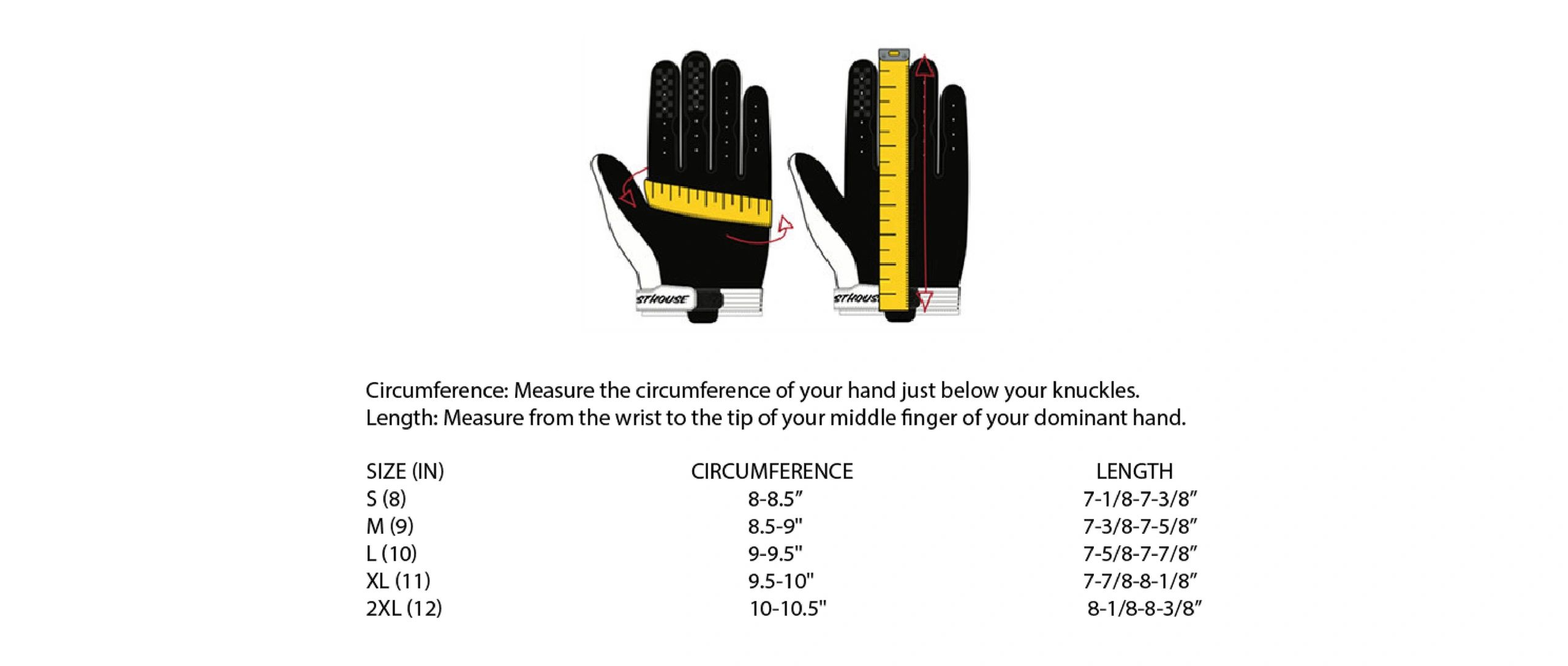 Glove sizing chart with hand circumference and length measurement instructions.