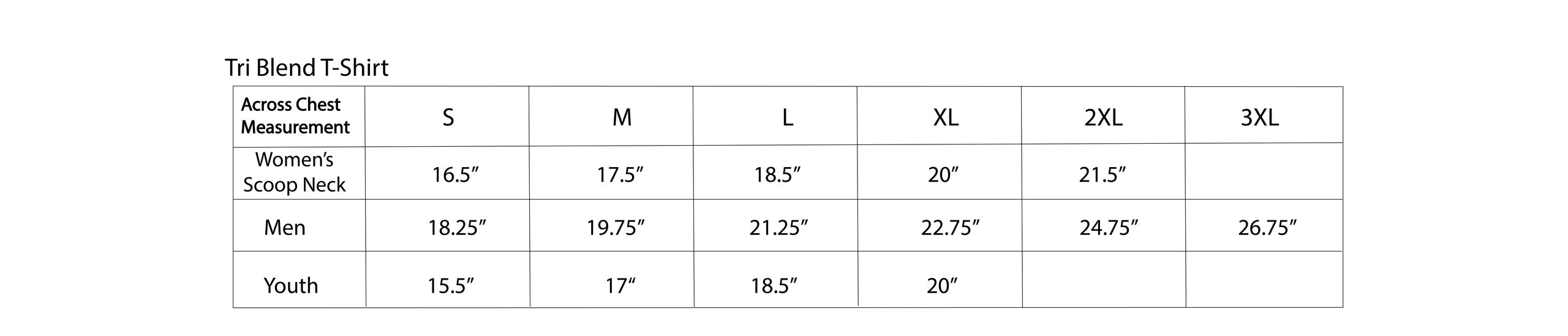 Tri Blend T-Shirt chest measurements for Women's, Men's, and Youth sizes from S to 3XL.