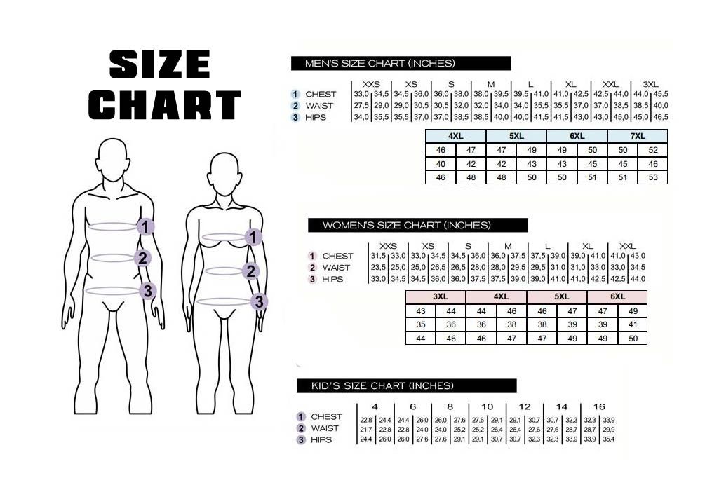 Size chart for men, women, and kids with measurements for chest, waist, and hips in inches.