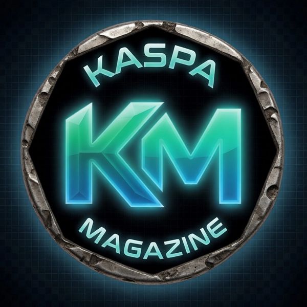 Glowing logo of Kaspa Magazine with stylized KM letters inside a rugged circular frame.