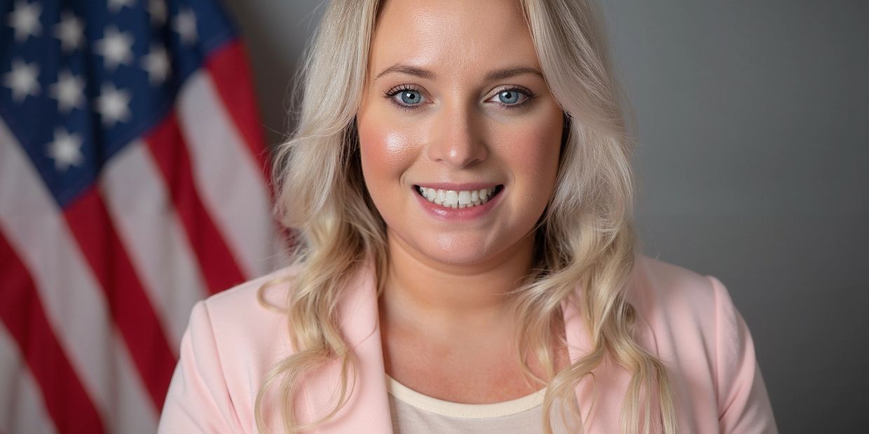 Professional woman smiling with American flag in background.