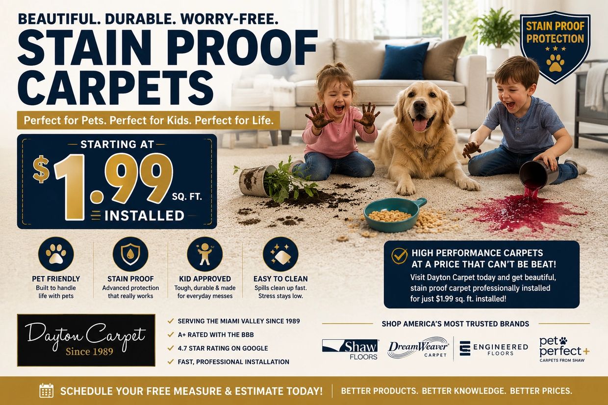 Kids and a dog playing on stain proof carpet with spilled dirt and juice.