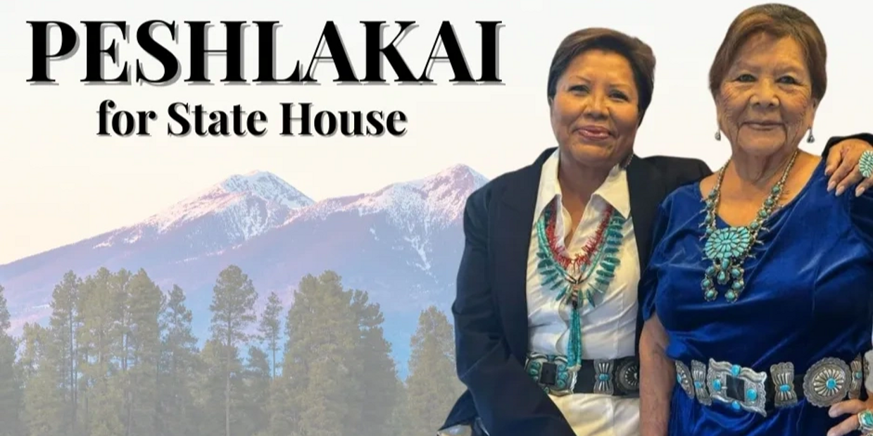 LD 6 state representative Mae peshlakai with Democrat for district 6 Jamescita Peshlakai wearing turquoise jewelry promoting Peshlakai for State House.