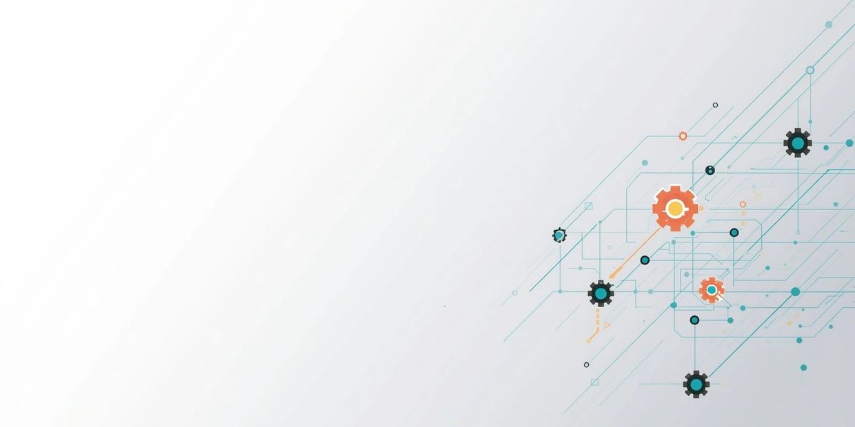 Abstract digital network with interconnected gears and circuits on a light background.