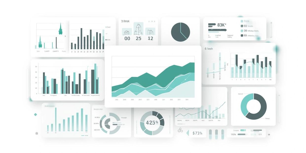 Various charts and graphs displaying data analytics and trends in teal and gray.