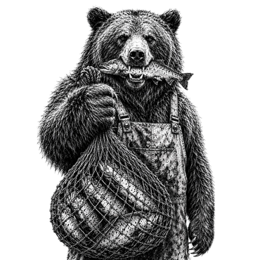 image of a bear with a fish in his mouth and holding a net of fish