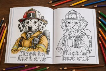 Coloring book with a Dalmatian on it.