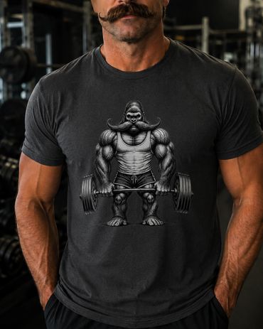 Muscled and mustached guy wearing a tee shirt with a gorilla on it.