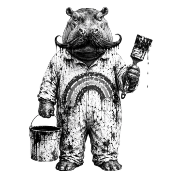Black and white image of a painter hippo