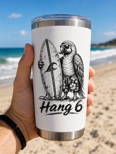Image of a tumbler om a Bach with a surfing parrot on it.