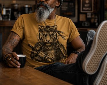 man in a coffee shop with feet on the table wearing a tiger samurai tee shirt.