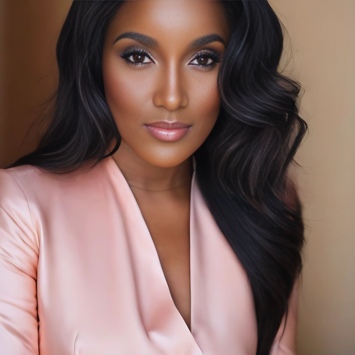 Elegant woman with flawless makeup and silky hair in a soft pink satin outfit.