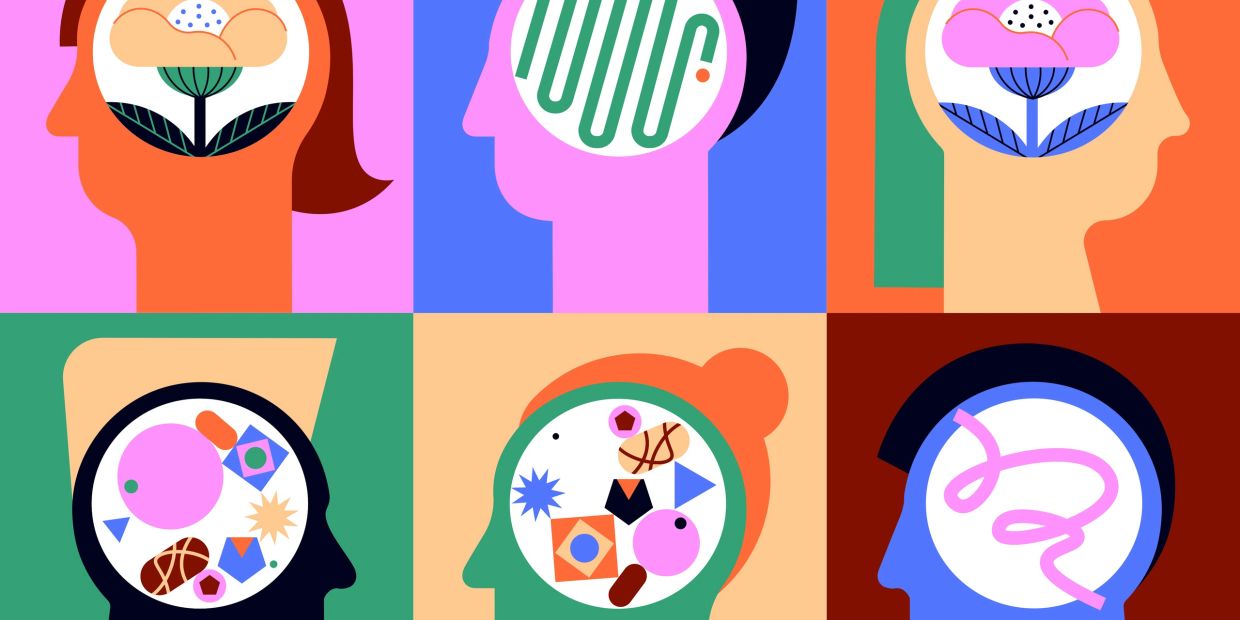 Illustrations of six colorful human profiles with abstract brain designs.