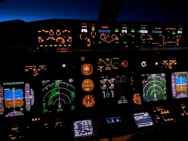 737 cockpit at night. 