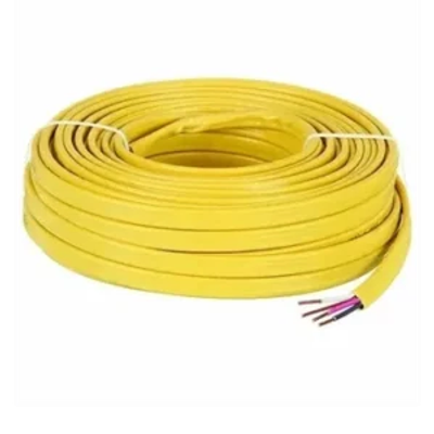 A coiled yellow electrical wire with exposed ends.