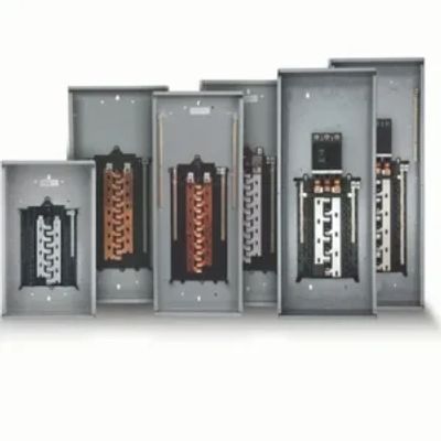 Various sizes of electrical panel boards with copper bus bars inside.