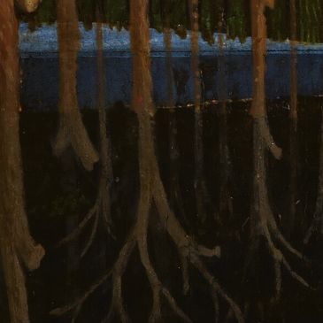 Painting of tree roots reflected in water beneath a forest.