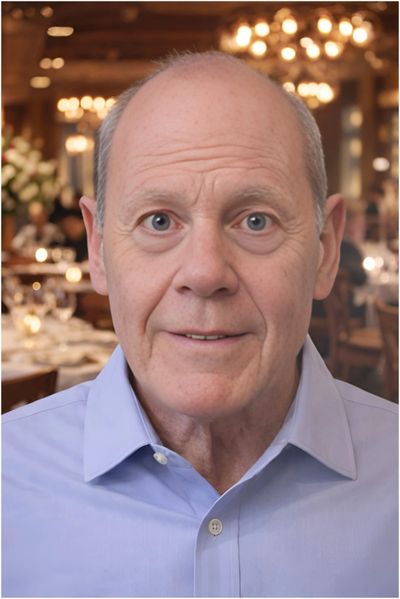 Portrait of an elderly man in a blue shirt at a restaurant.