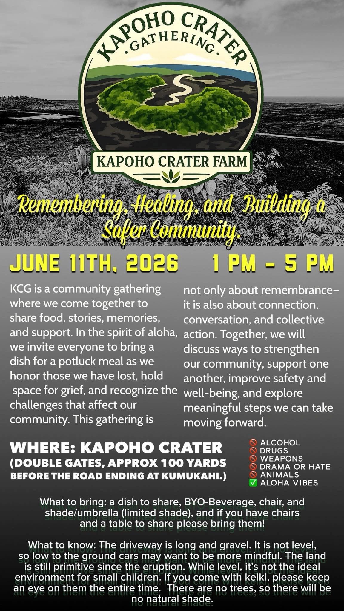 Flyer for Kapoho Crater Gathering on June 11, 2026, promoting community healing and connection.