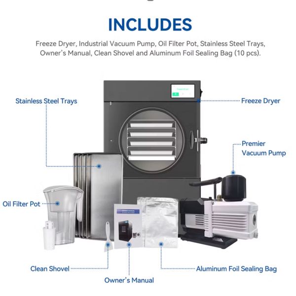 Freeze dryer kit with accessories like trays, pump, pot, shovel, manual, and sealing bags.
