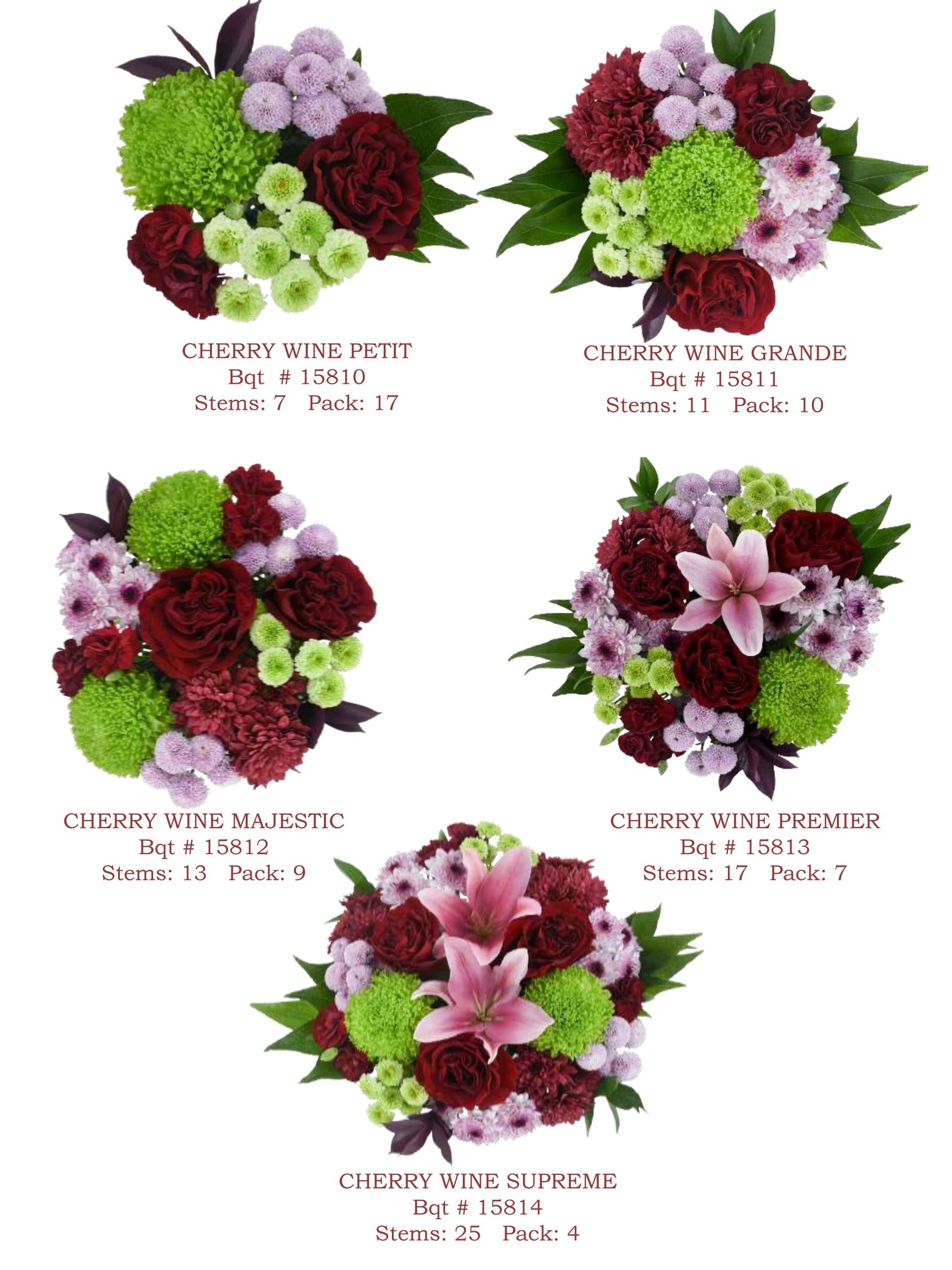 Five vibrant Cherry Wine flower bouquets with varying stem counts and pack sizes.