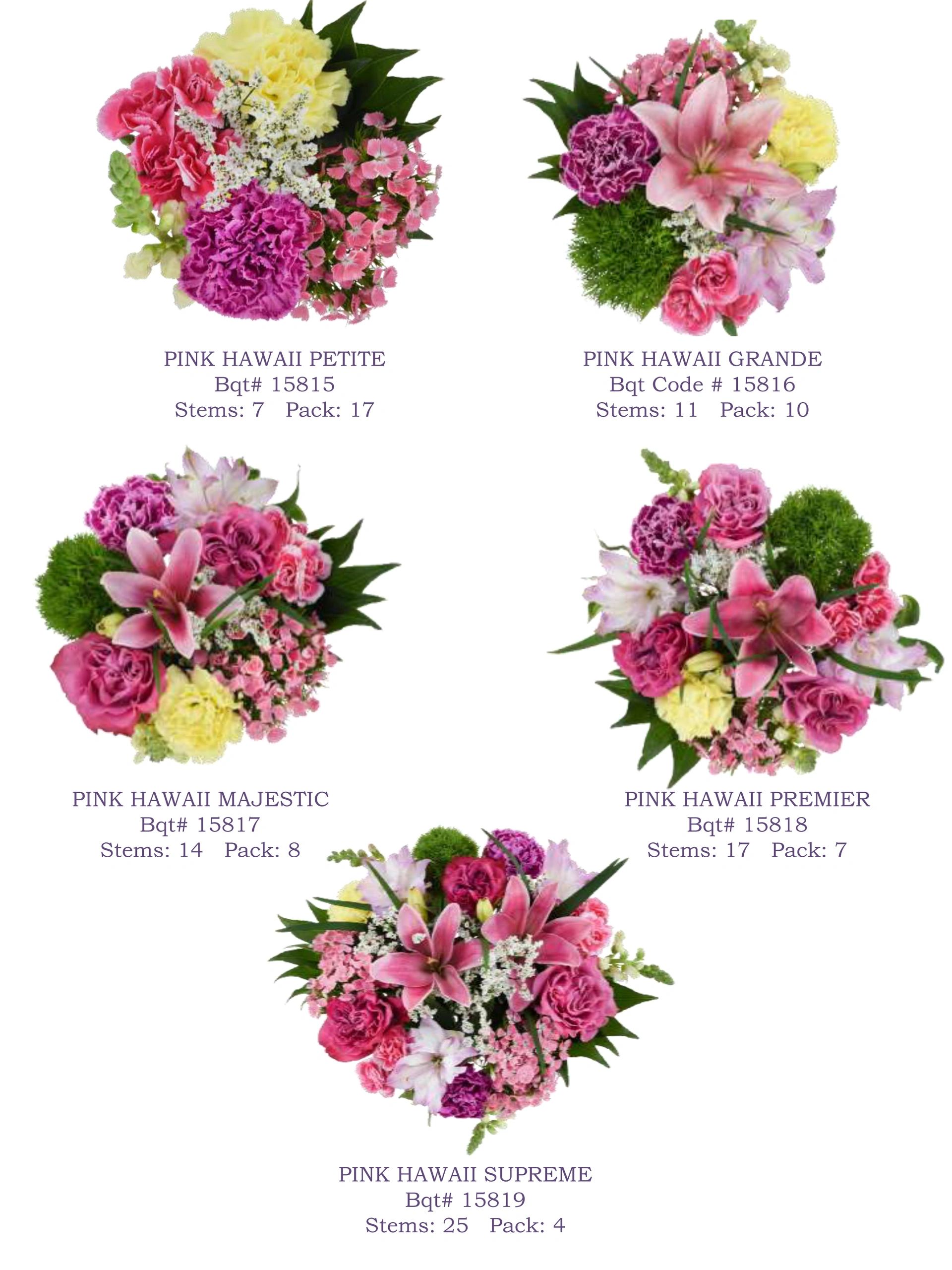 Five colorful Pink Hawaii flower bouquets with stem and pack details.